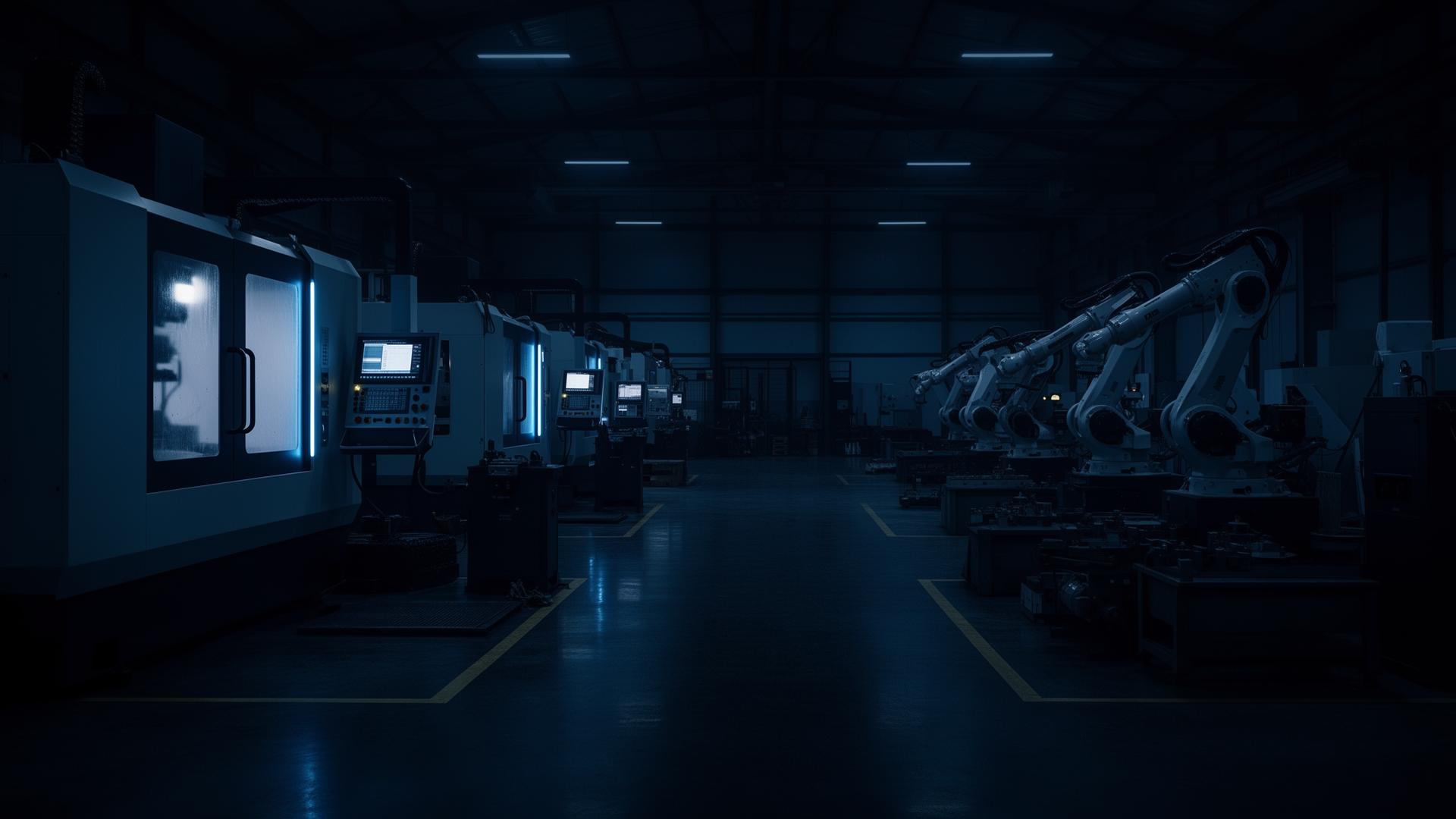 Modern industrial factory floor with CNC machines and robotic arms